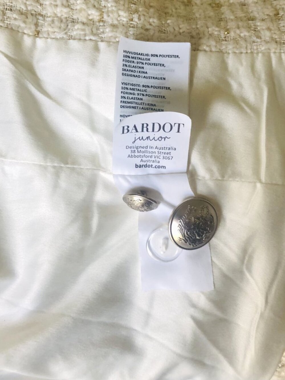 BARDOT Ivory Gold Boucle Tweed Silver Buttons Double Breasted Blazer Girl Sz 12 - Picture 6 of 6